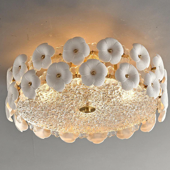 Round Flower Petal Brass Ceramic Glass Flush Mount Ceiling Light