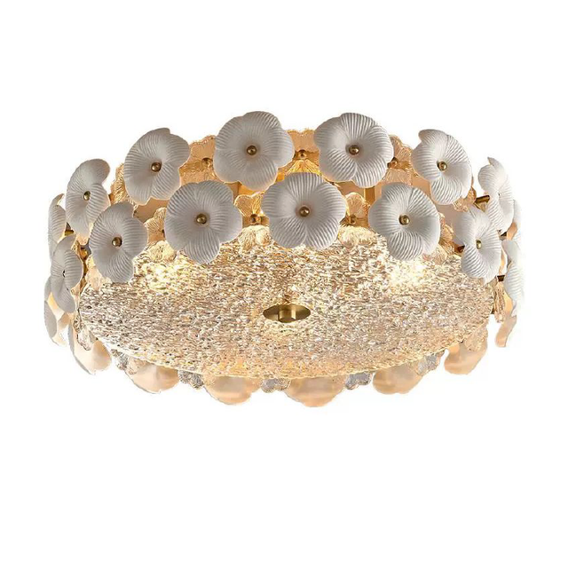 Round Flower Petal Brass Ceramic Glass Flush Mount Ceiling Light