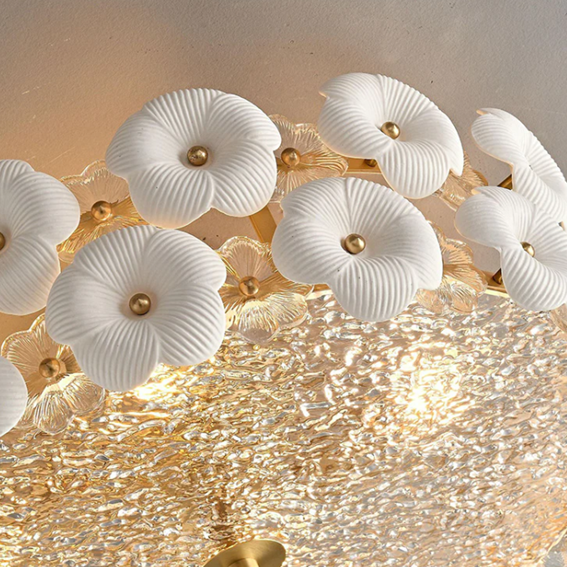Round Flower Petal Brass Ceramic Glass Flush Mount Ceiling Light